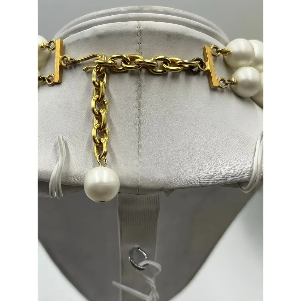 Vintage Large Double Strand Ivory Faux Acrylic Pearl Gold Tone Hook Necklace 20m